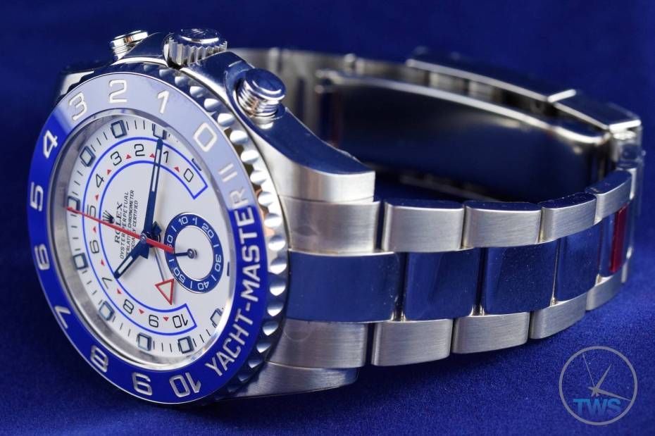 Watch looking left with bracelet and clasp - Rolex Yachtmaster II- Hands-On Review [116680]